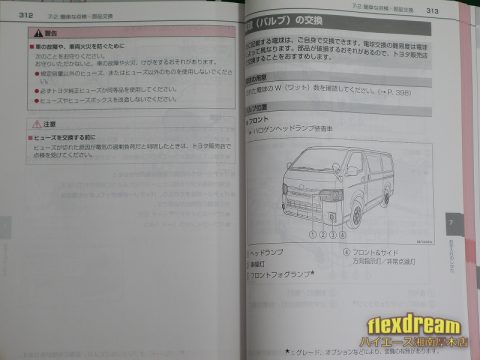 200系ハイエース４型　取扱説明書  電球交換